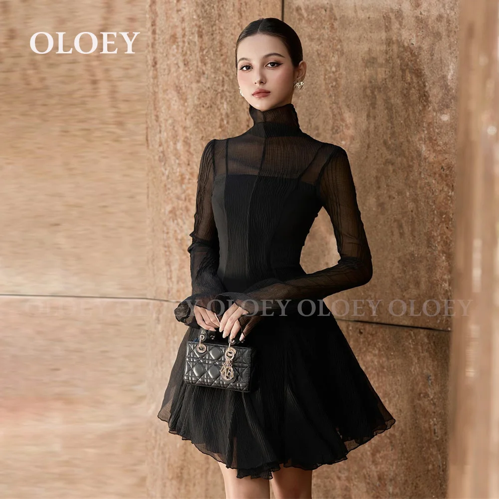 

OLOEY Modern Black High Neck Short Prom Cocktail Dress Pleated Full Sleeves Mini Wedding Party Gown Customized Women 2025