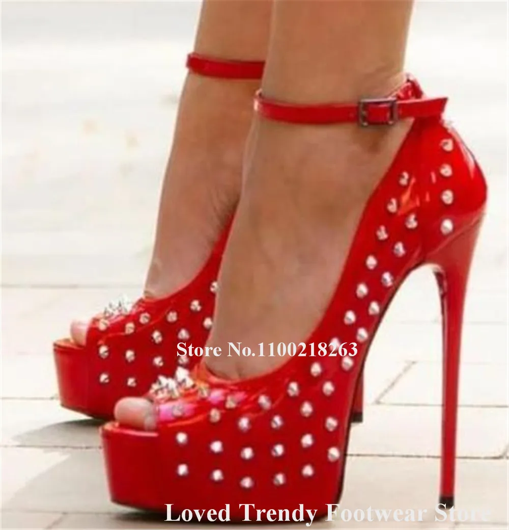 Metal Rivets PVC Thin Heel Pumps Sexy Peep Toe Clear Transparent Studs High Platform Ankle Straps Dress Heels Party Shoes