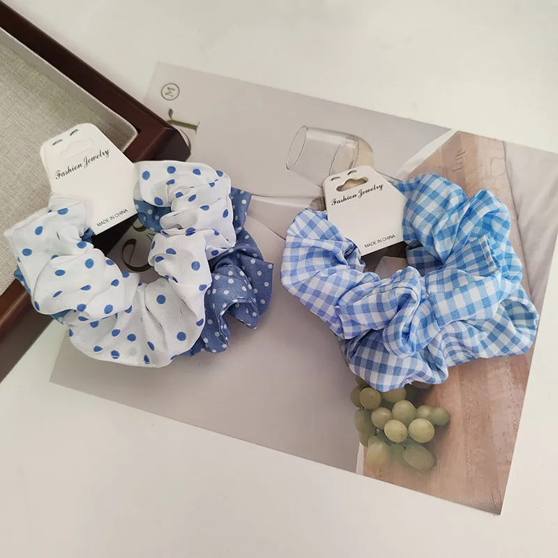 2pc Cute Blue College Plaid Elastic Hair Bands Rope Ties for Girls Women Headband Hair Accessories Ponytail Holer Scrunchies