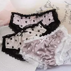 Satin Silk Lace Bow Panties Mesh Flower Underwear Transparent Underpants Seamless Cotton Crotch Briefs for Women Summer