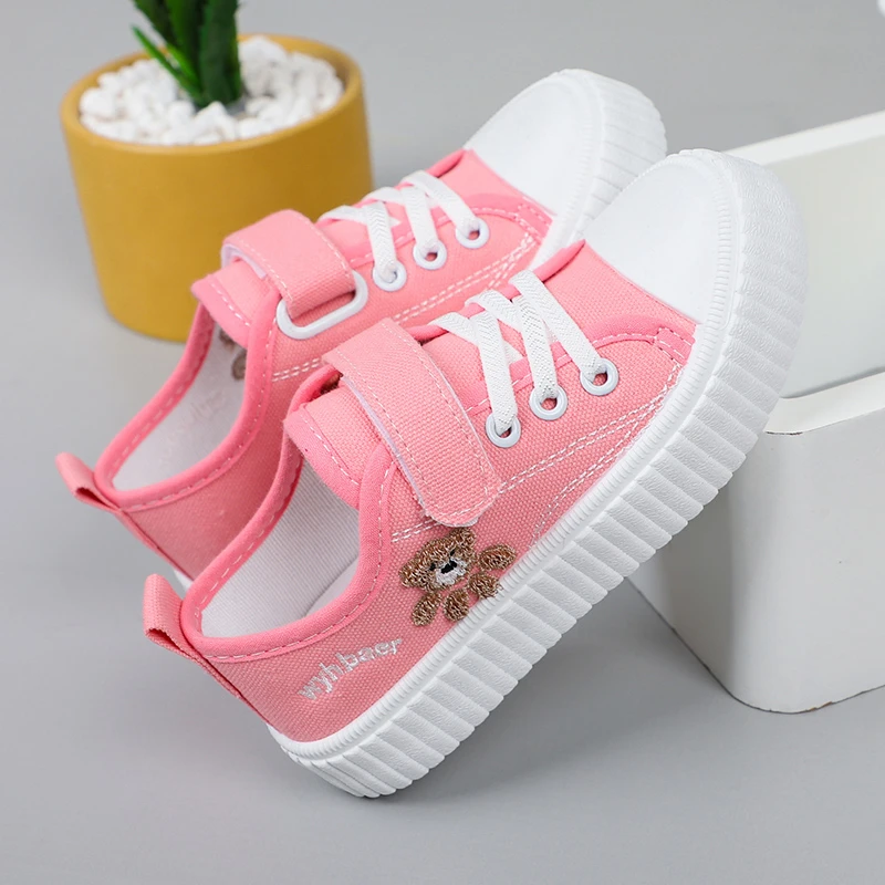 Children\'s Canvas Shoes Spring Autumn White Embroidery Cartoon Boys and Girls Single Shoes Pink Soft Non-slip Kids Casual Shoes