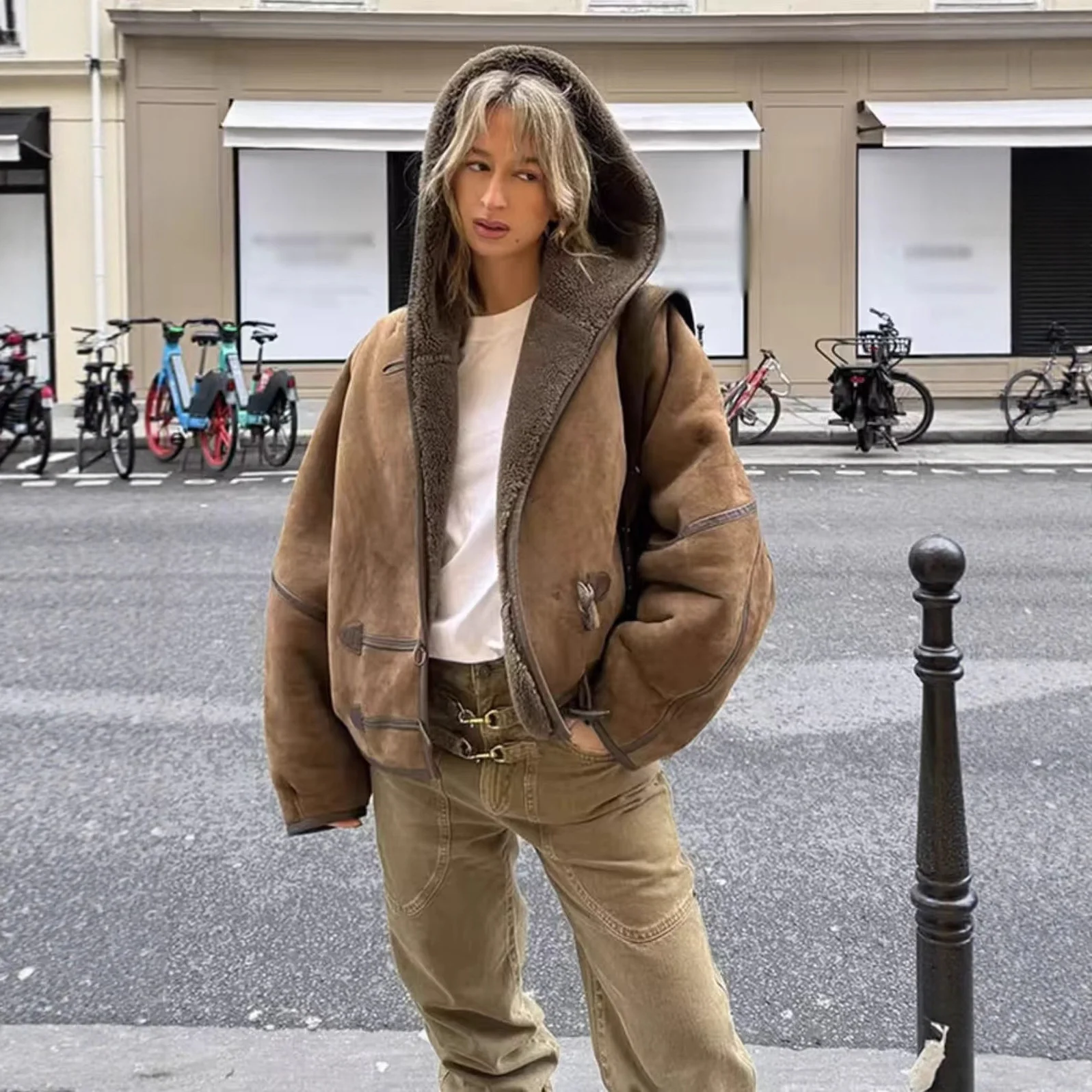 

Women's Hooded Bomber Coat Leather Trim Patchwork Long-Sleeve Loose Fit Autumn Chic Jacket For Her Office Travel Xmas Gift