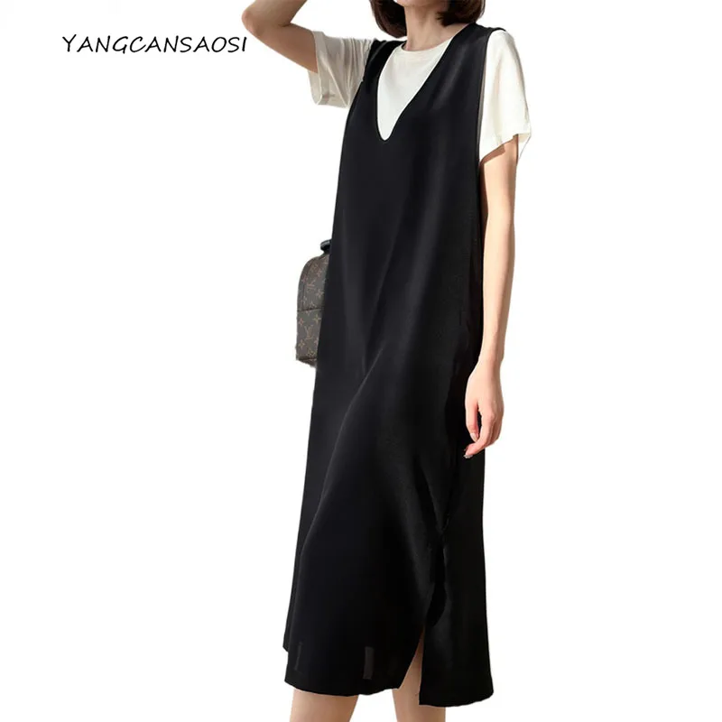

Women's Fashion Clothing 100% Natural Mulberry Silk Crepe De Chine Black Layering Loose Straight Tube Casual Sleeveless Dress