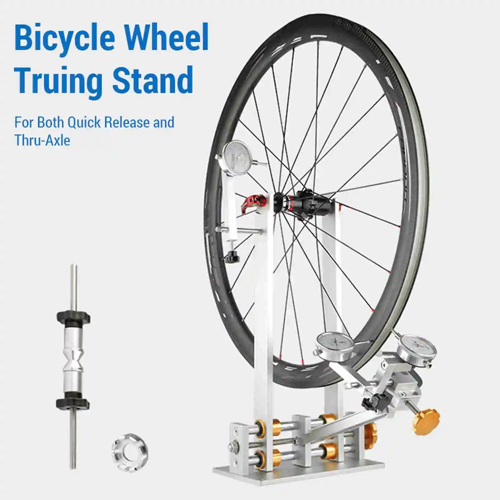 Bicycle Wheel Truing Stand Bike Wheel Alignment Repair Tool with Dial Gauge for Quick Release and Thru-Axle