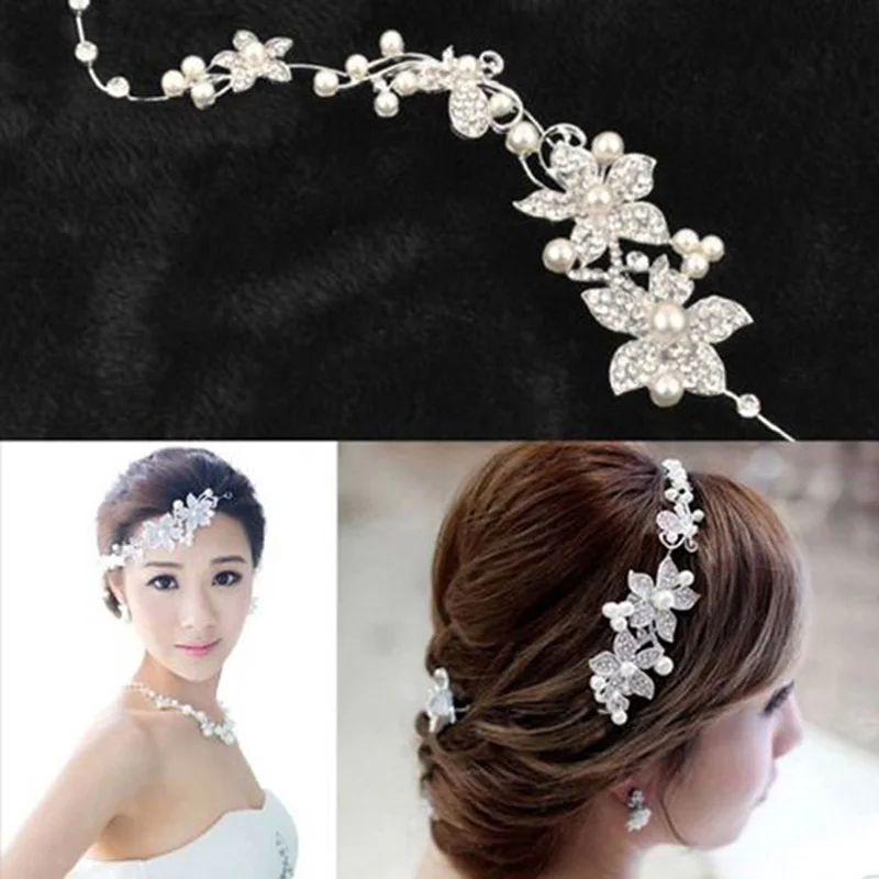 Flower Bride Wedding Hair Vine Silver Bride Wedding Hair Vine with Pearls Rhinestones for Bridesmaid Wedding Party Balls