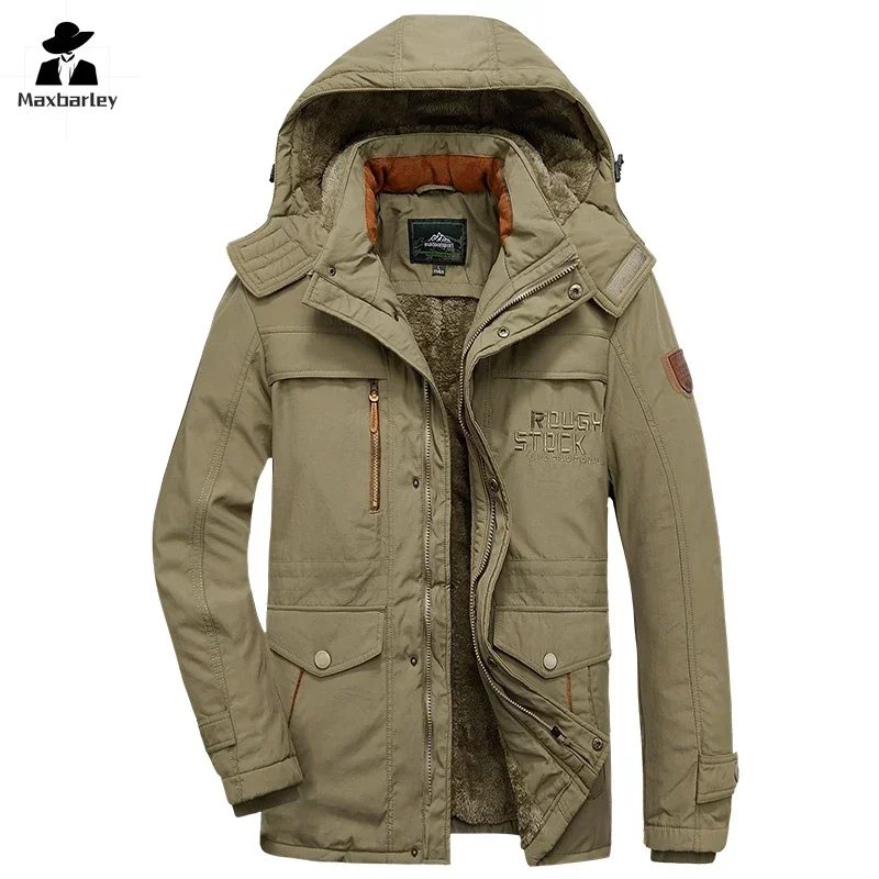 2024 Winterjacke für Herren, Schnee, dick, mit Fleece gefüttert, winddicht, warm, Parka, lässig, Camping, Jagd, Arbeit, kältebeständig, mit Kapuze, Baumwollmantel