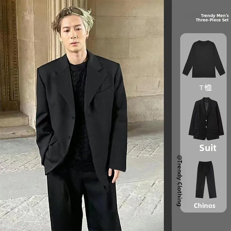 

Wang Jiawu Men's Suiting Set Casual Shoulder Pad British Style Loose Fit Dk Jacket Youthful Energy Autumn Long Sleeve C...