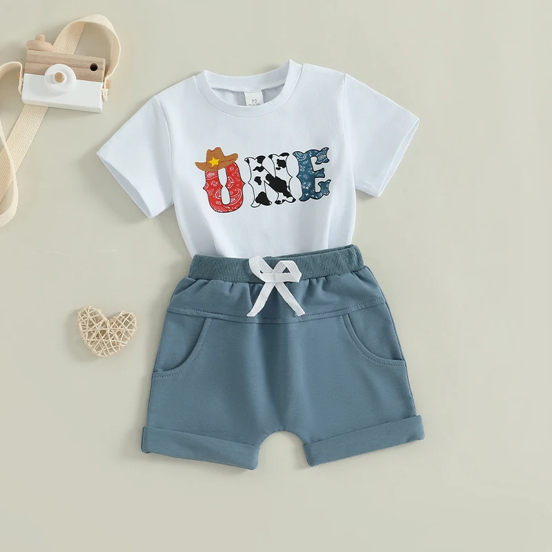 

Toddler Cowboy Theme Party Outfit Graphic Tee and Denim Shorts Set for Little Boys Wild West Birthday Celebration