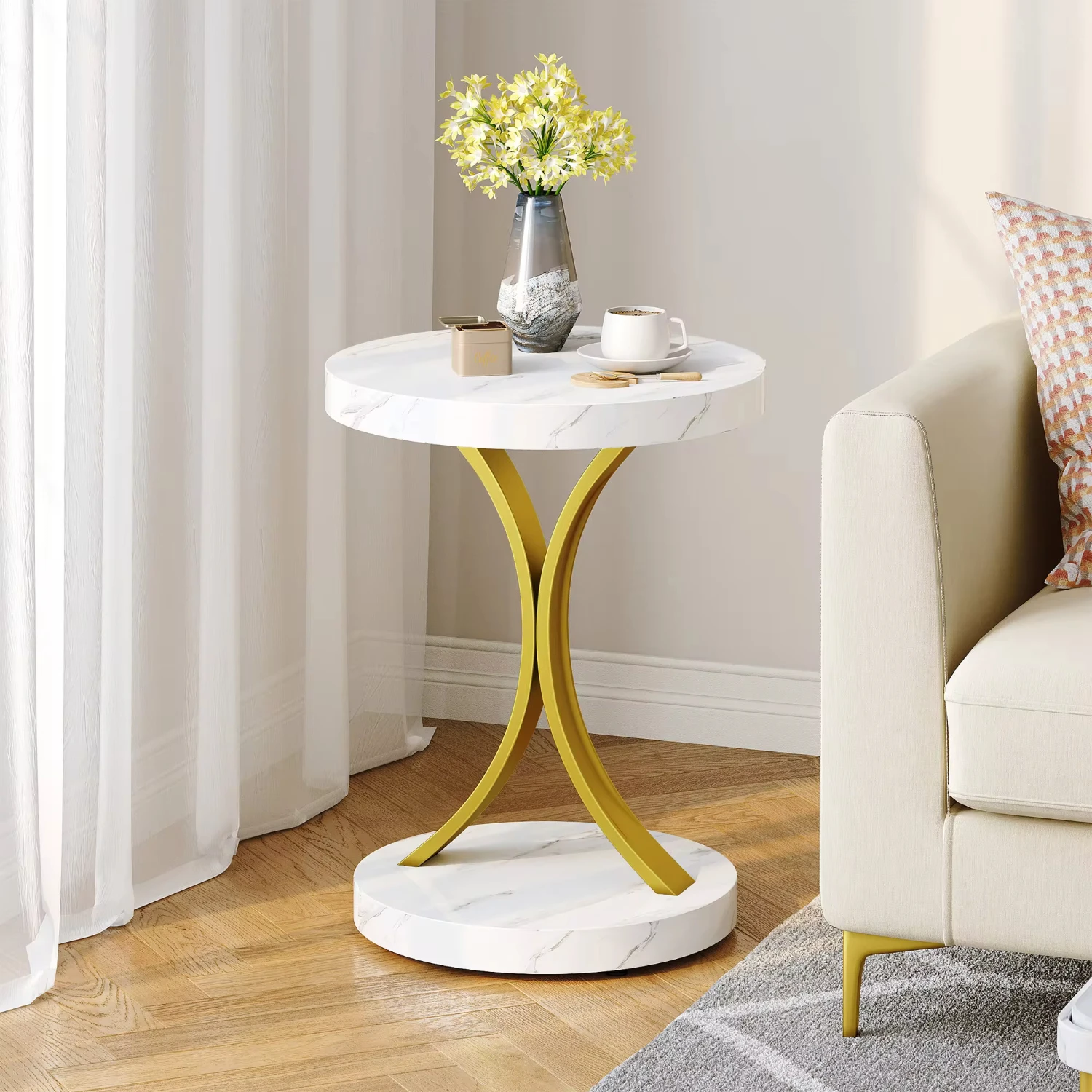 

Round End Tables, Modern Gold Round Side Table with Faux Marble Top and Gold Metal Frame, Small End Table Accent Table