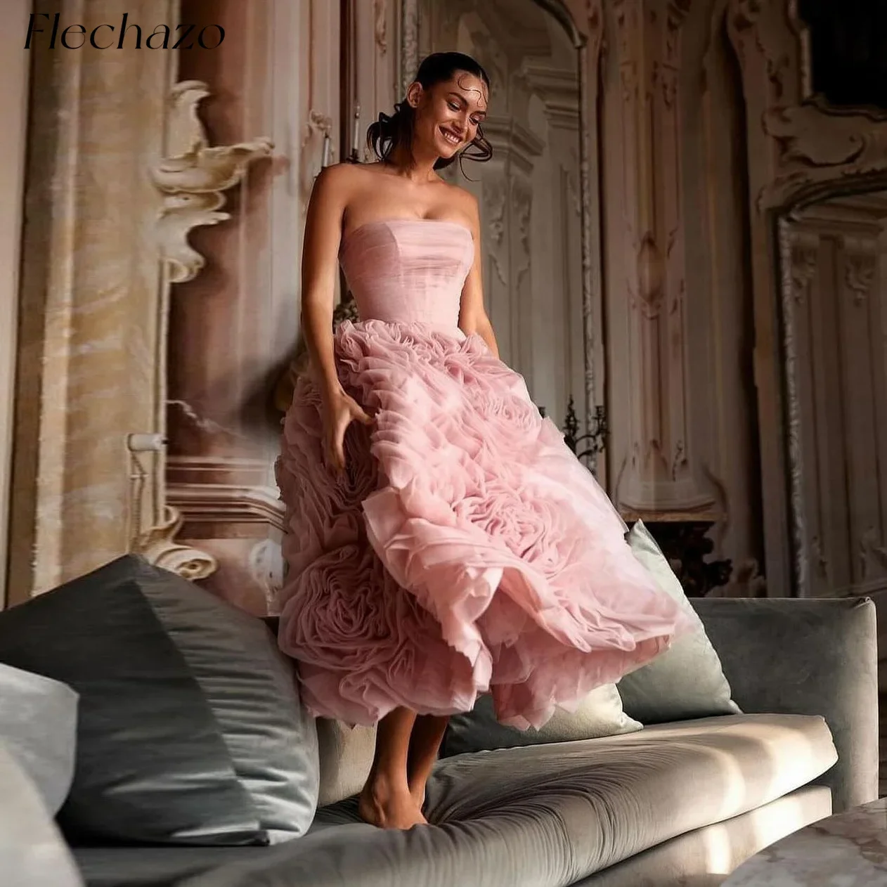 Flechazo Pink Prom Dresses Strapless Tiered Pleated Ankle-Length A-line Formal Party Ball Gown For Women 2024 vestidos de noche