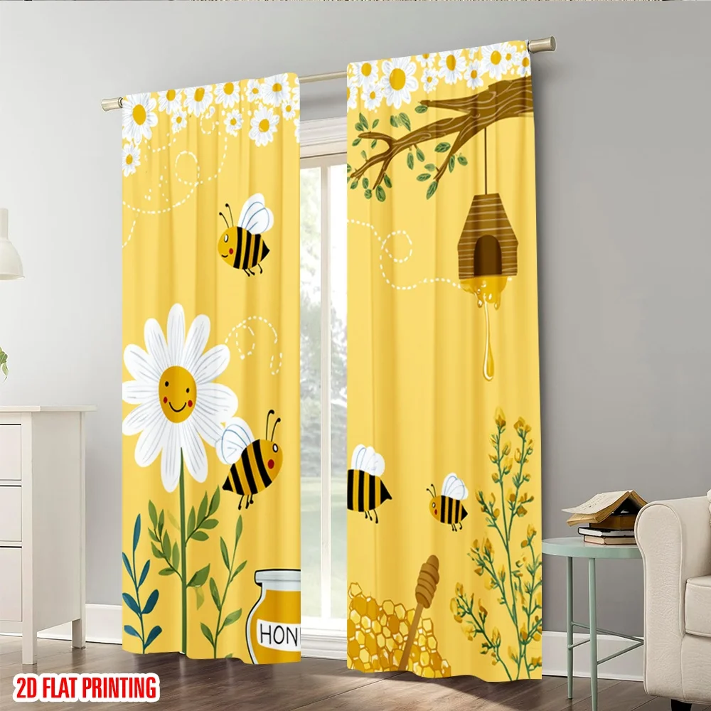 2pcs Bee Daisy Honey Curtains Blackout Drapes for Kitchen Cute Animal Decor Sweet Nature Print Window Treatment Panels