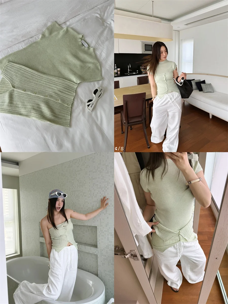 MOEROP DIY Mehrfarbig Gestrickte ort Sve Brautjungfer Top Und Bot Set Frühling Sommer Neue Sle Stand Fit Damen T-shirt