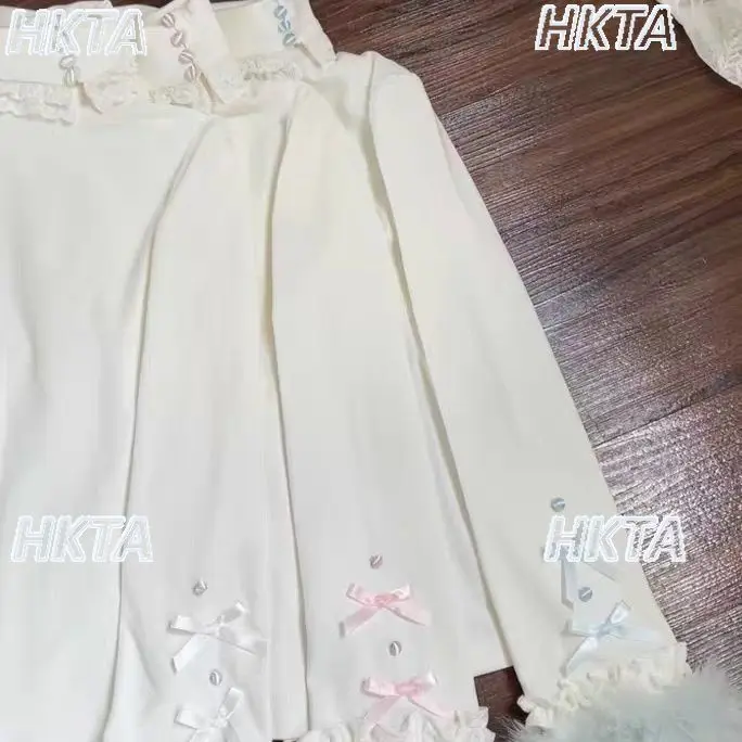 Słodka koronkowa bluzka z golfem, długim rękawem, jesienne nowości, dzianinowa koszulka, sweter, sweter Lolita, uniwersalny biały pulower, top, odzież wewnętrzna damska