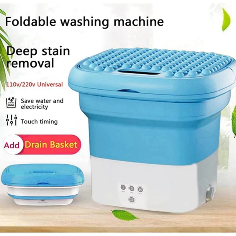 Blue Portable Travel Washing Machine, Mini Folding Washing Machine Combo With Small Collapsible Drain Basket