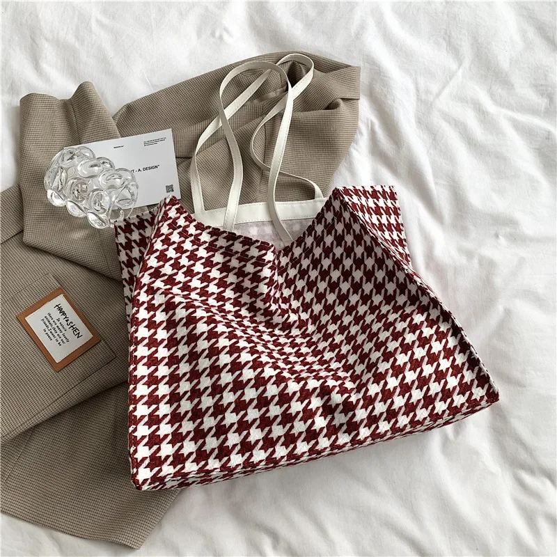 Big Tote Bag Women Bag Vintage High-capacity Shoulder Bags Houndstooth Hasp Soft Handbag Shopping Bag Korean Lady Handbag