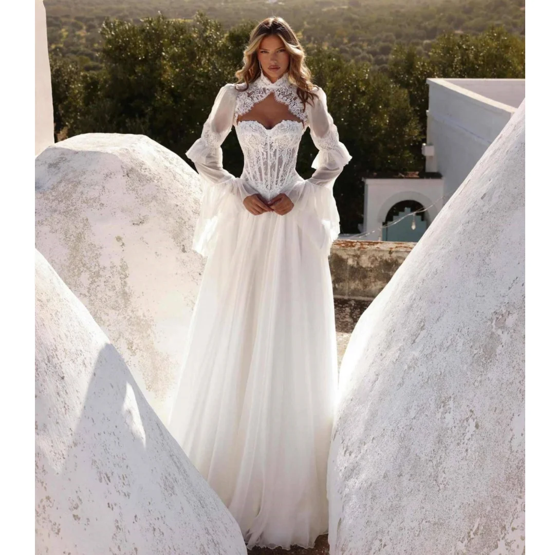 

2 In 1 Lace Corset Wedding Dresses White Long Sleeves Bridal Gown Retro Party Dress Exquisite robe de mariée Customized