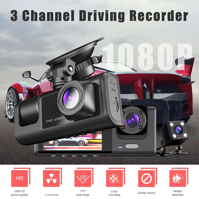 Dash Cam 3 Channel Car DVR HD 1080P 3-Lens Inside Vehicle Dash Cam Car Camera DVRs Recorder Video Registrator Dashcam Camcorder