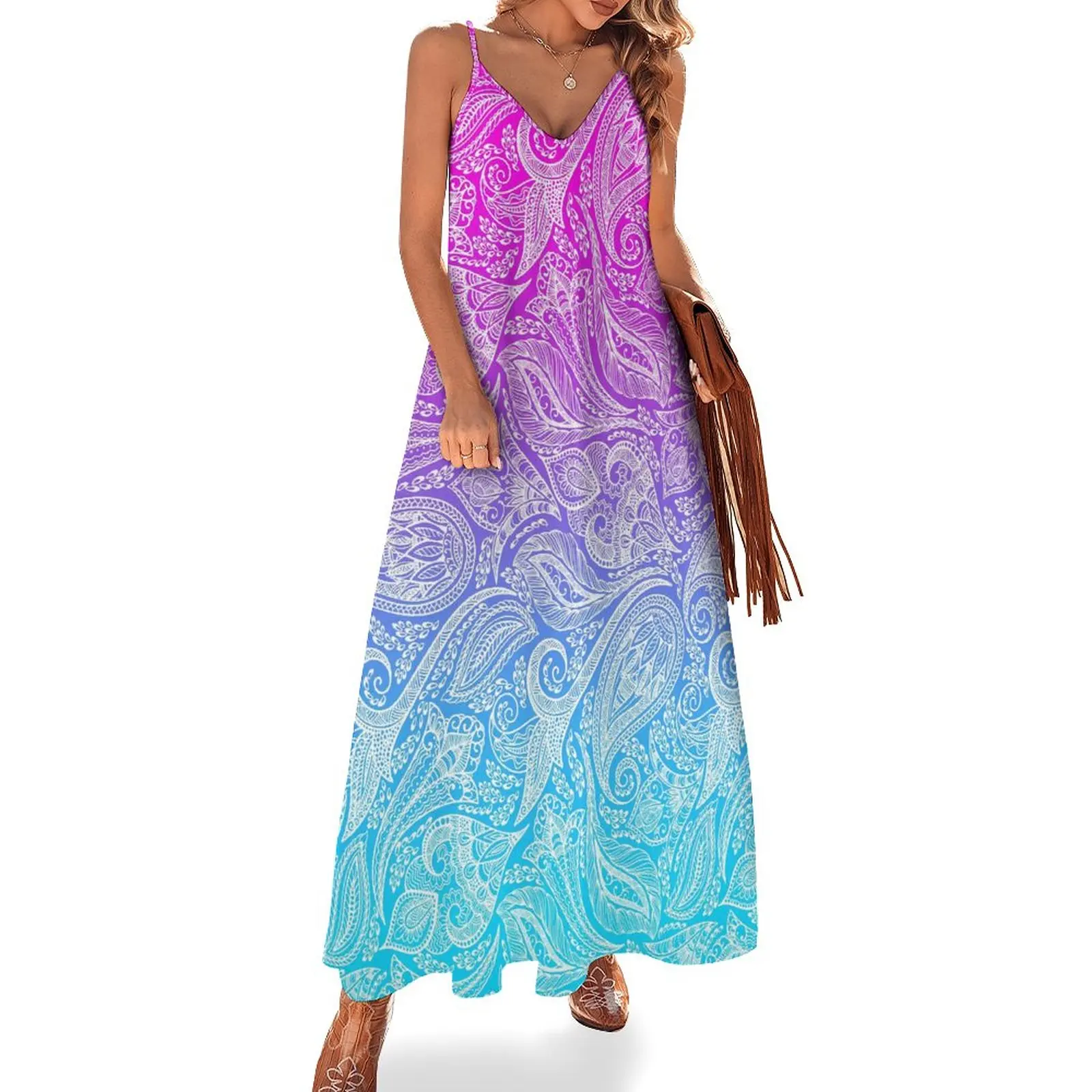 Pink to Blue Ombre Dress White Floral Paisley Street Style Boho Beach Long Dresses Spring Party Maxi Dress Custom Vestido Gift