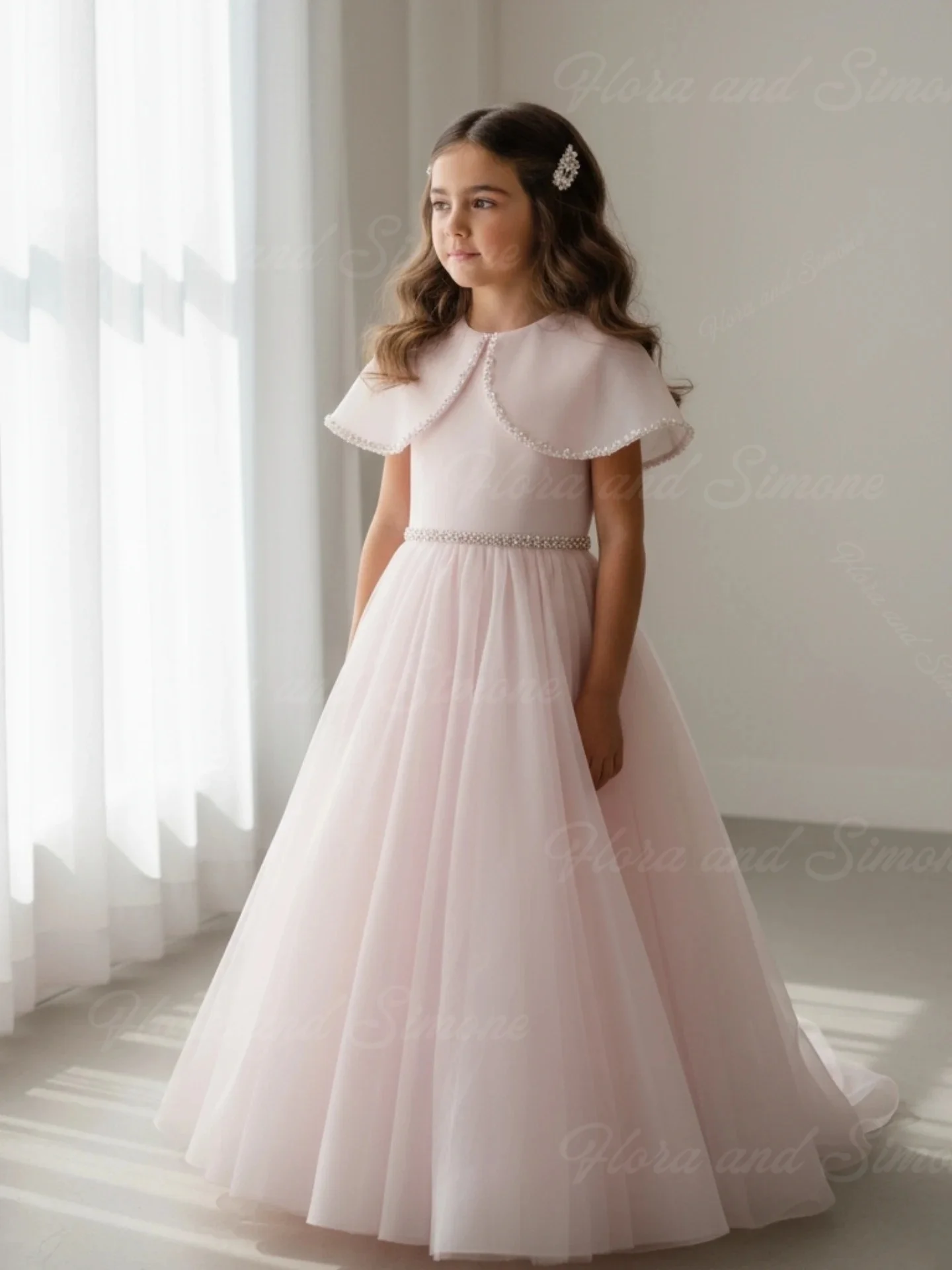 Lindo y elegante vestido de princesa rosa de manga corta, vestido de niña de flores para ceremonias de boda, recuerdos formales, celebraciones navideñas