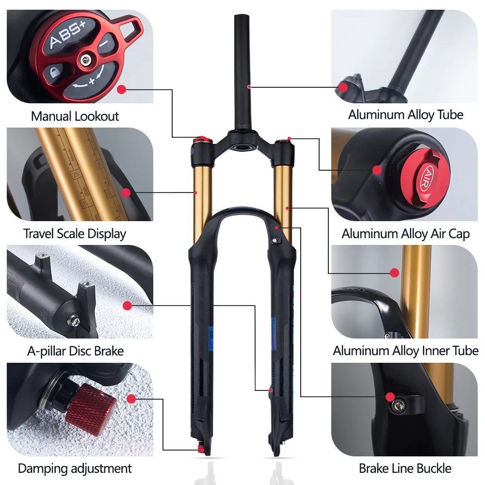 BOLANY Fiets Vork Rebound Verstelbare MTB Air Voorvering 26/27.5/29 Inch 120mm Reizen Quick Release vork Fietsaccessoires