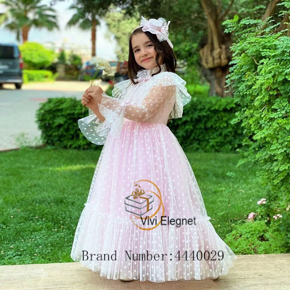 Pink Full Sleeve Flower Girl Dresses for Girls 2023 Summer Floor Length High Neck Soft Tulle Wedding Party Gowns فساتين بنات صغا