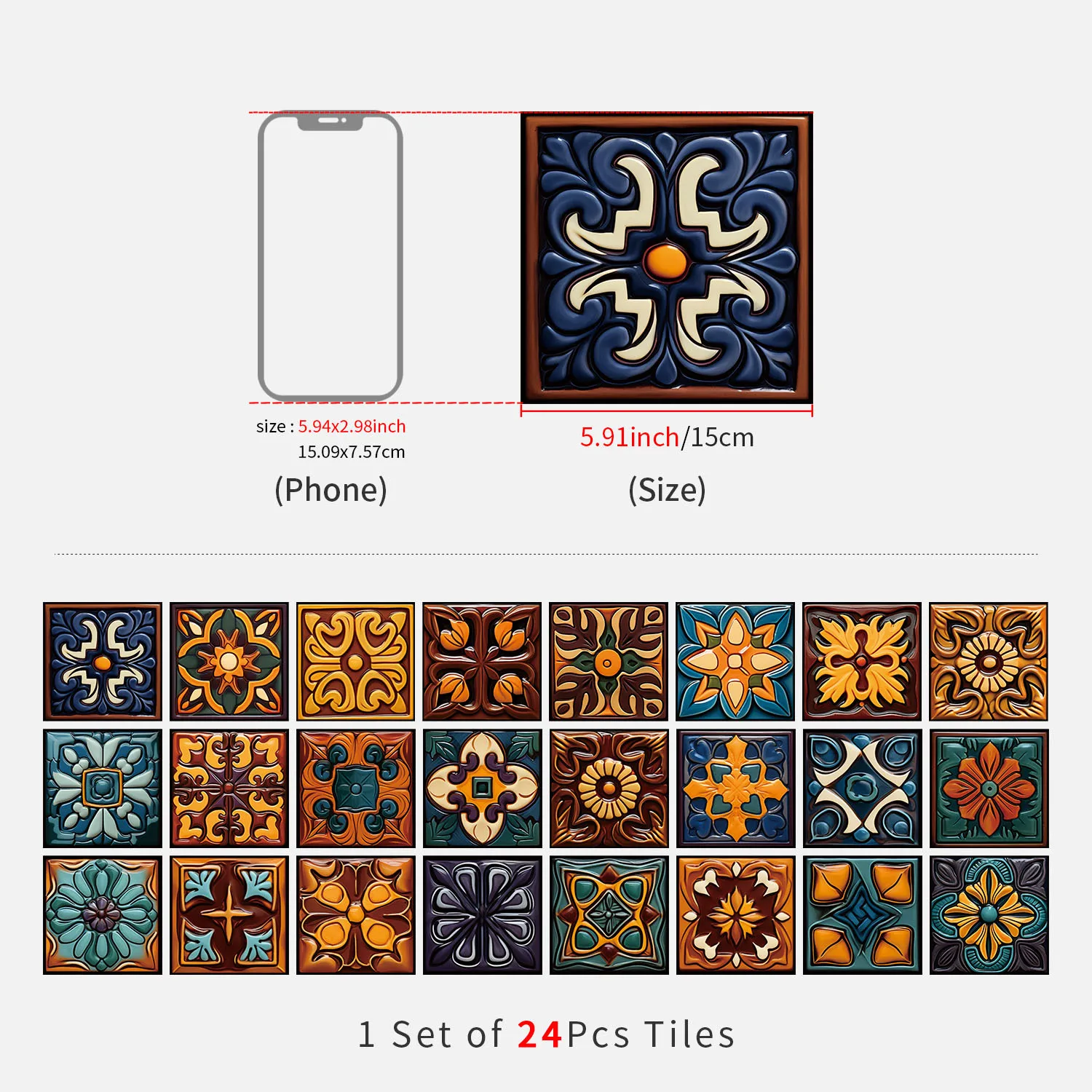 15x15cm 24Pcs Soft Touch PVC Wall Stickers, European Floral Tile Pattern Self-Adhesive for Kitchen Backsplash,Cabinet,Waterproof