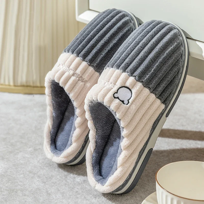 Men Winter Flats Concise Plush Slippers Non-slip Women Warm Fluffy Slides Bedroom Furry Slipper Couples Home Casual Cotton Shoes