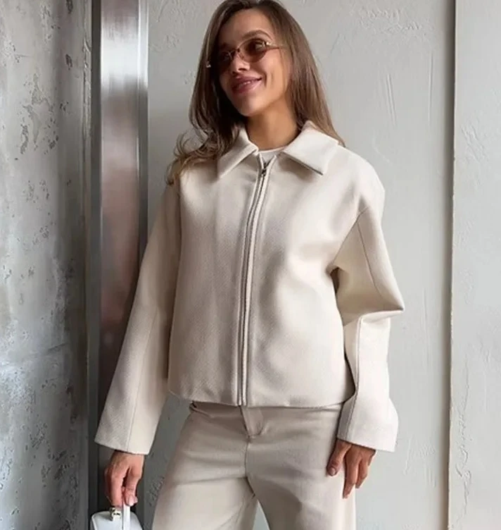 Outono inverno nova lapela manga longa zíper casaco de lã europeu americano moda solta casual