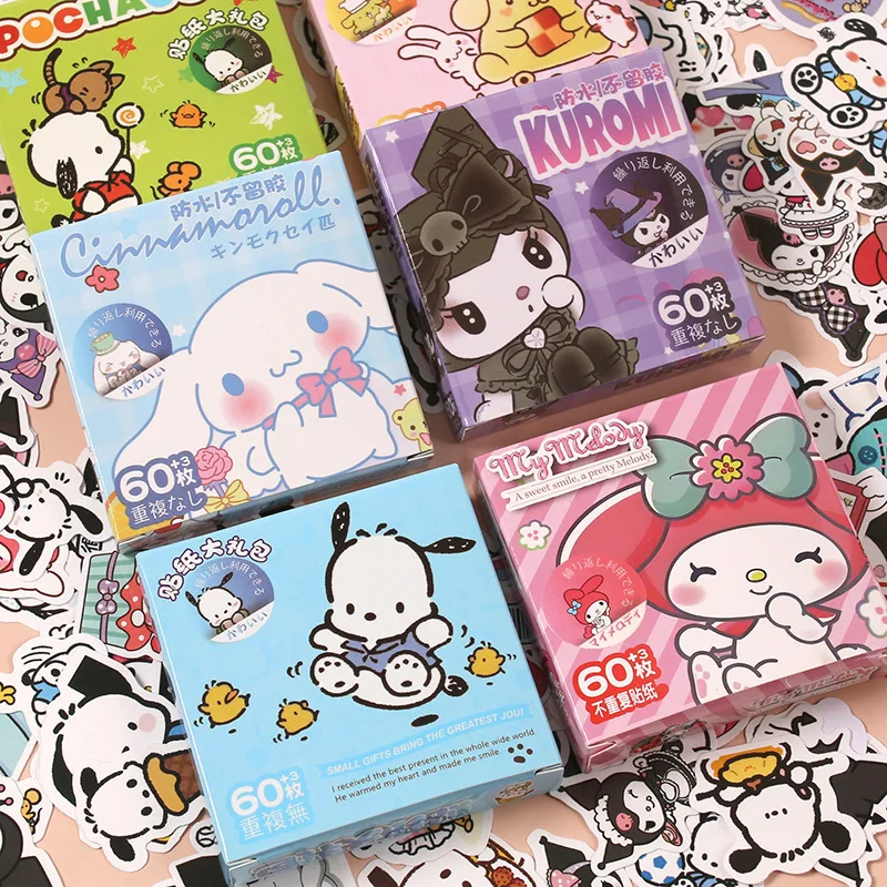 

Водонепроницаемые наклейки Sanrio, 63 шт., без следов, с милыми мультяшными персонажами: Куроми, Хелло Китти, Синаморолл, для детей, для скрапбукинга и ведения дневников