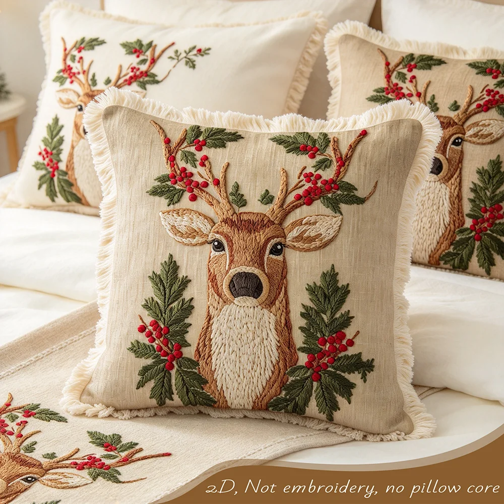 1PC Christmas Deer Head Holly Berry Print Pillow Cover, Winter Holiday Cushion Case, Digital Print Polyester, Bedroom Decor