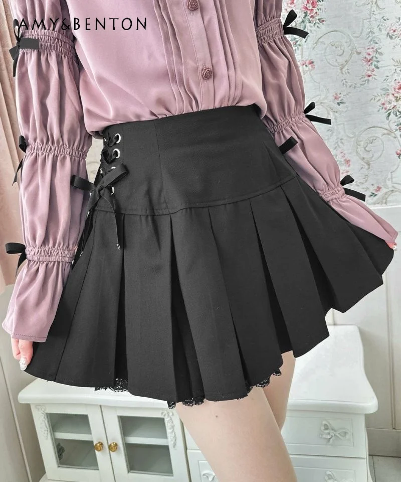 

Japanese Rojita Skirt Sweet Girl Bow Lace Up Slim High Waist Pleated Skirts Women Spring Kawaii Lace Stitching Gothic Mini Skirt