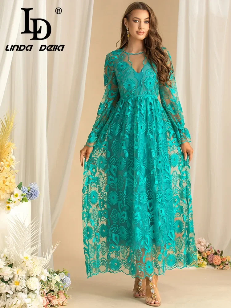 LD LINDA DELLA Fashion design Autumn Women's Dress Long-Sleeved Hollow Out Embroidered High waist party evening Dresses