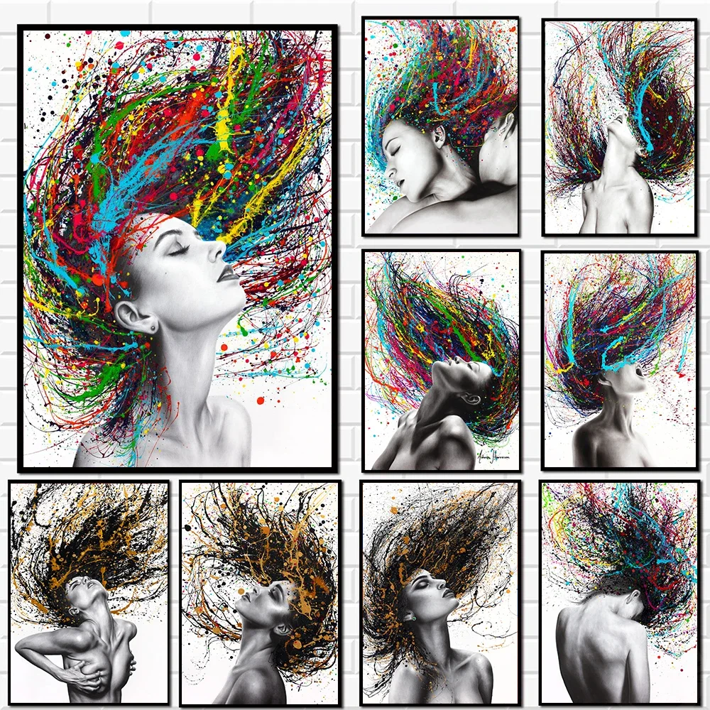 Carteles de mujer loca con pelo colorido abstracto, arte de pared de moda, pintura en lienzo, decoración moderna para el hogar y la sala de estar