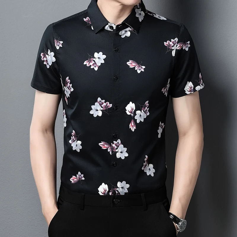 

2022 Summer Flower Printed Cotton Short Sleeves Shirts Beachwear Fashionable Man Clothing Large Sizes Husband Gents Casual Shirt