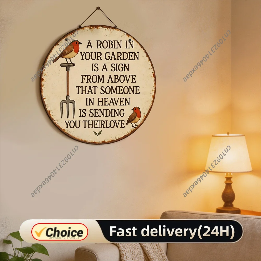Vintage Robin Bird Memorial Wall Plaque 20x20 Cm Robin Round Sign Vintage Metal Poster for Bar Home Man Cave Kitchen