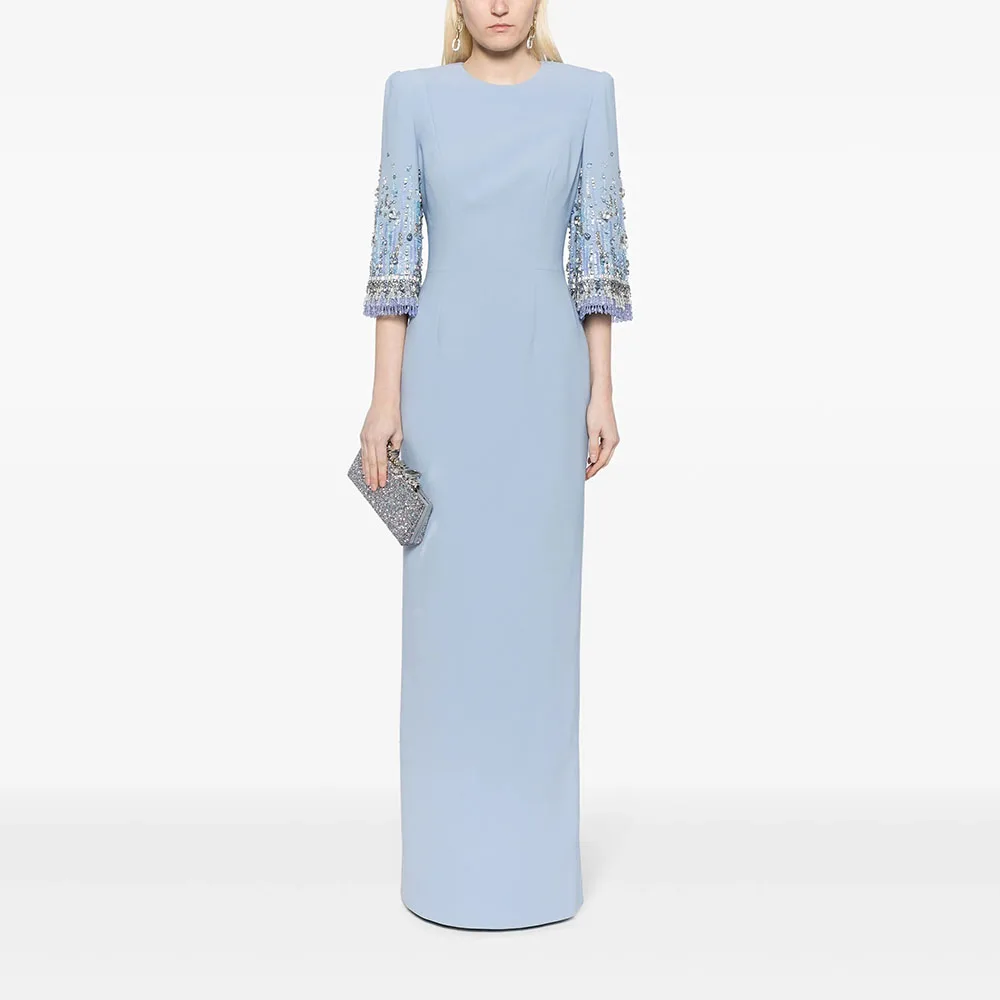 

Luxury Evening Dress O-Neck 3/4 Sleeves Bead Crystal Mermaid Evening Gowns Floor Length Wedding Guest Dress Customized