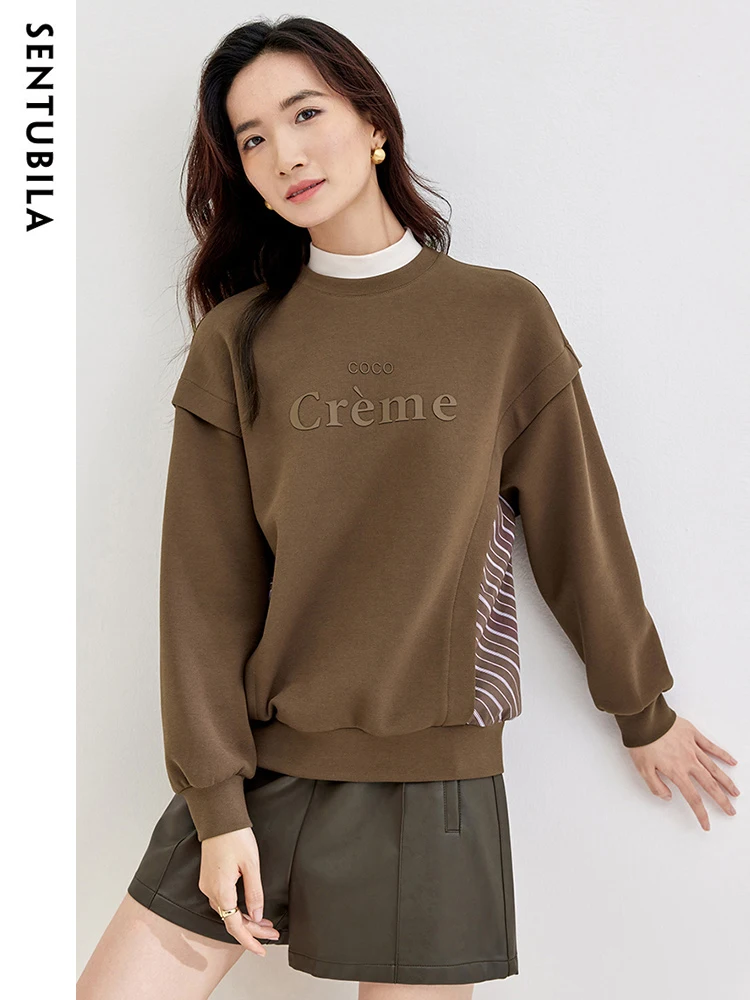 SENTUBILA Spring Autumn Sweatshirt Women Casual Simple Letter Print Pullovers Ladies Crew Neck Striped Patchwork Top 133A51106