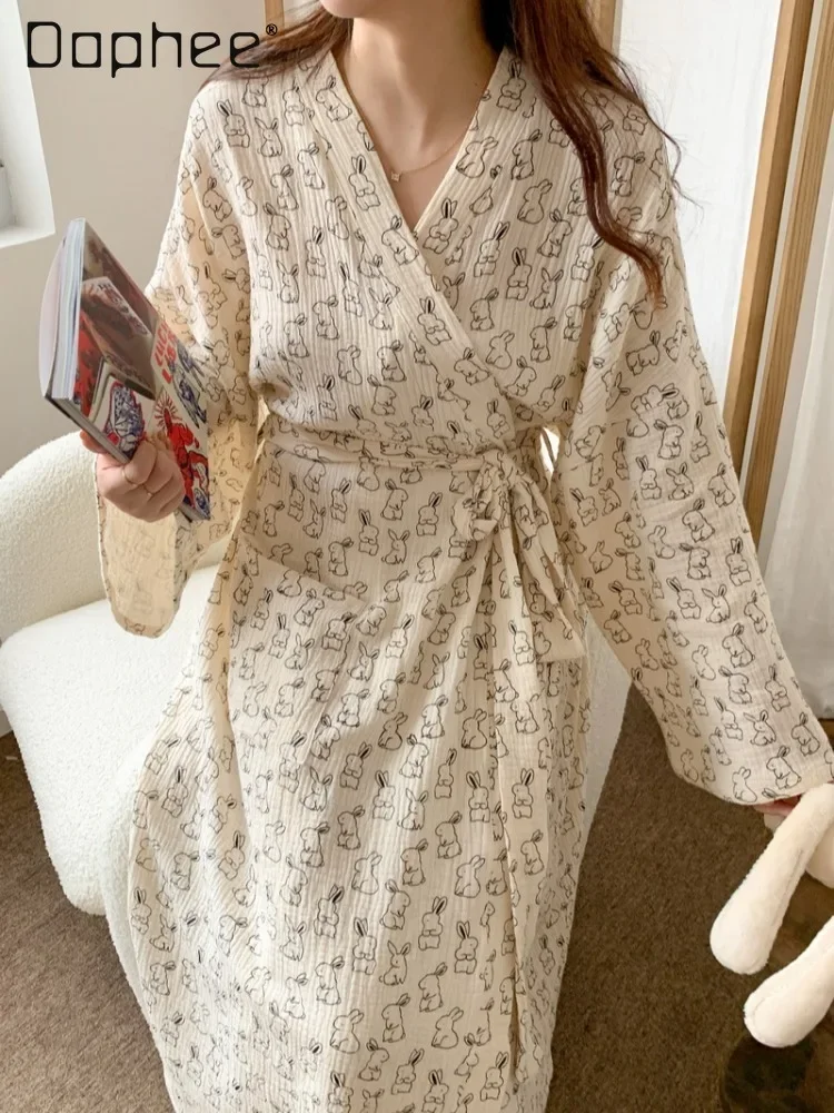 

Cute Rabbit Print Cotton Bathrobe for Women Cartoon Lace Up Long Sleeve Mid Length Robes Nightgown White Pocket Girls Homewear