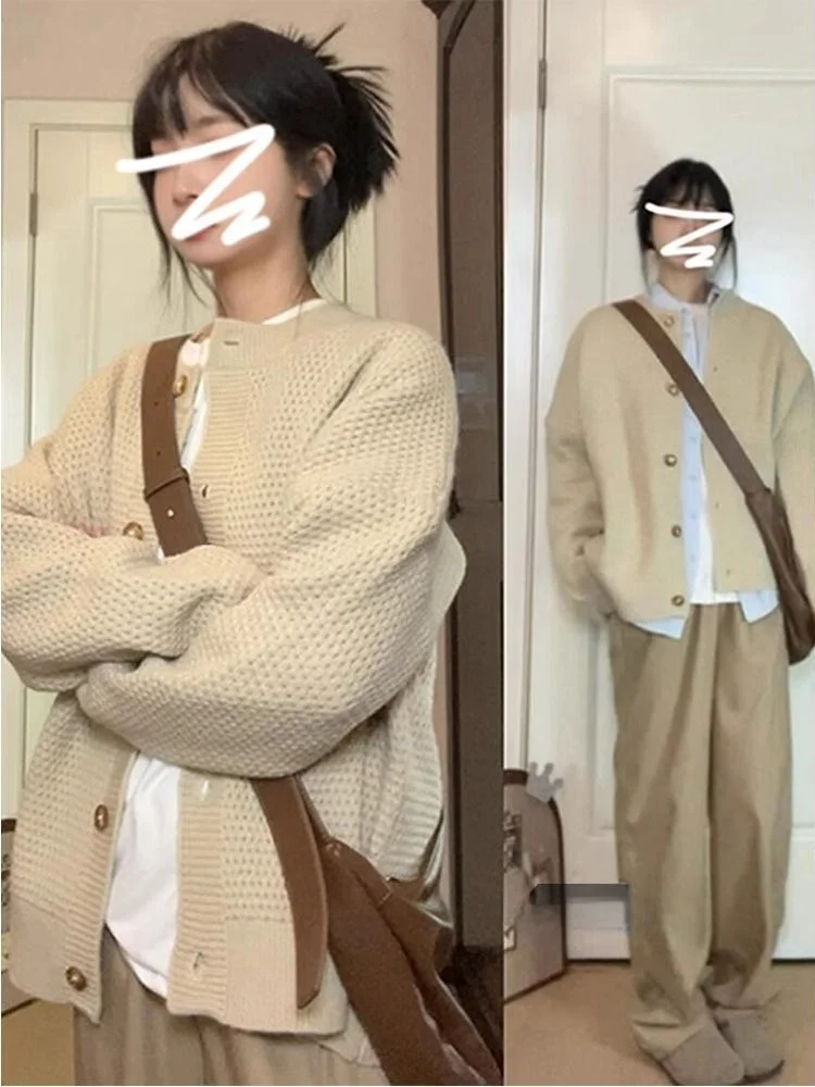 

Korean Sle Lazy Vintage Knitted Sweater Coat Women's Winter Loose Fit Open Cardigan Top Small Size Warmth Emitting