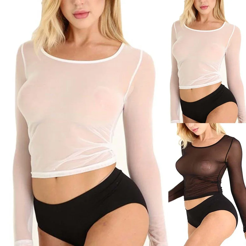 Soft Tops Spandex White/Black Sheer T-Shirt Tops Womens Breathable Long Sleeve Mesh Round Neck See Through Sexy