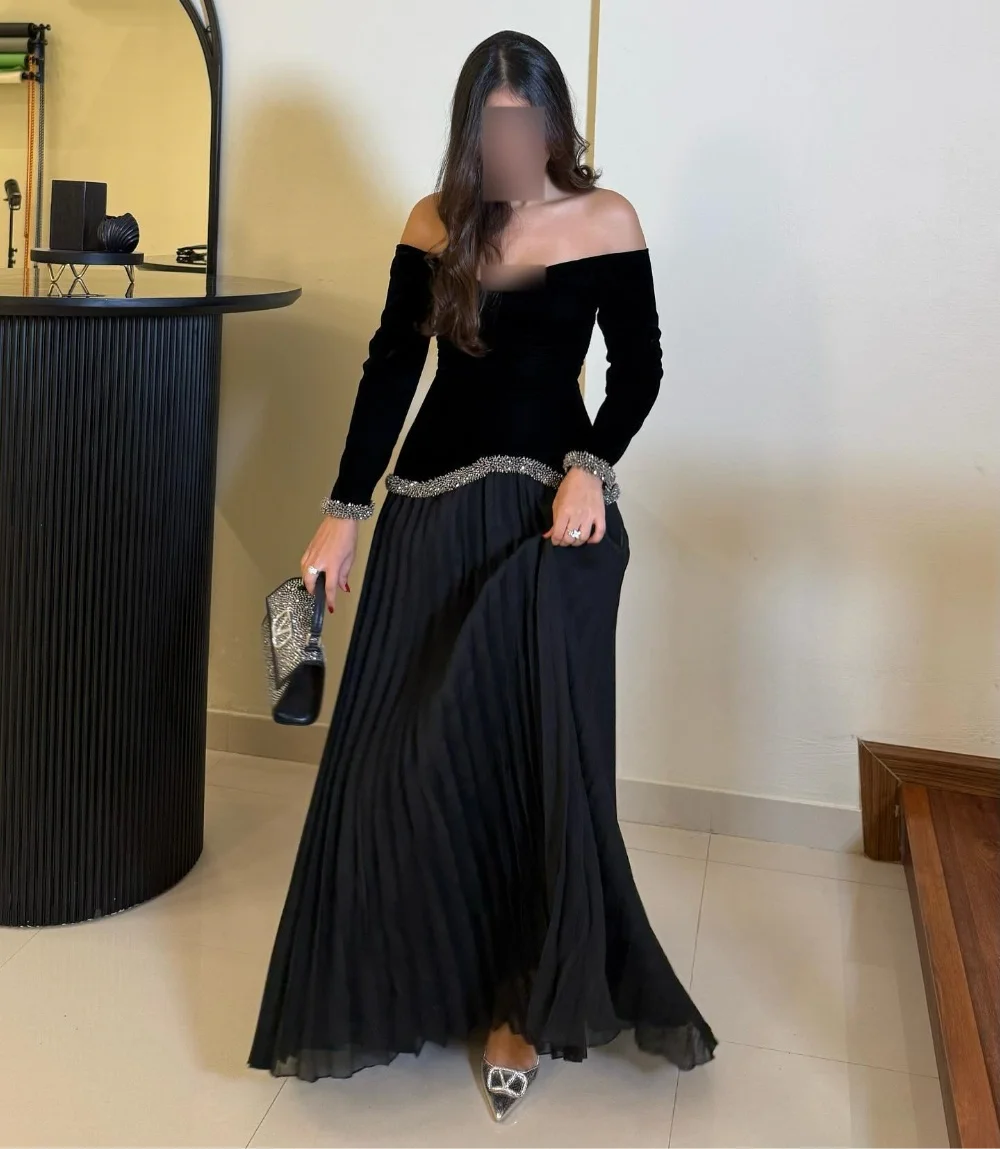 Customized Fashion Velour Sequined A-line Off-the-shoulder Long Dresses Bespoke Occasion Dresses Exquisite Simple