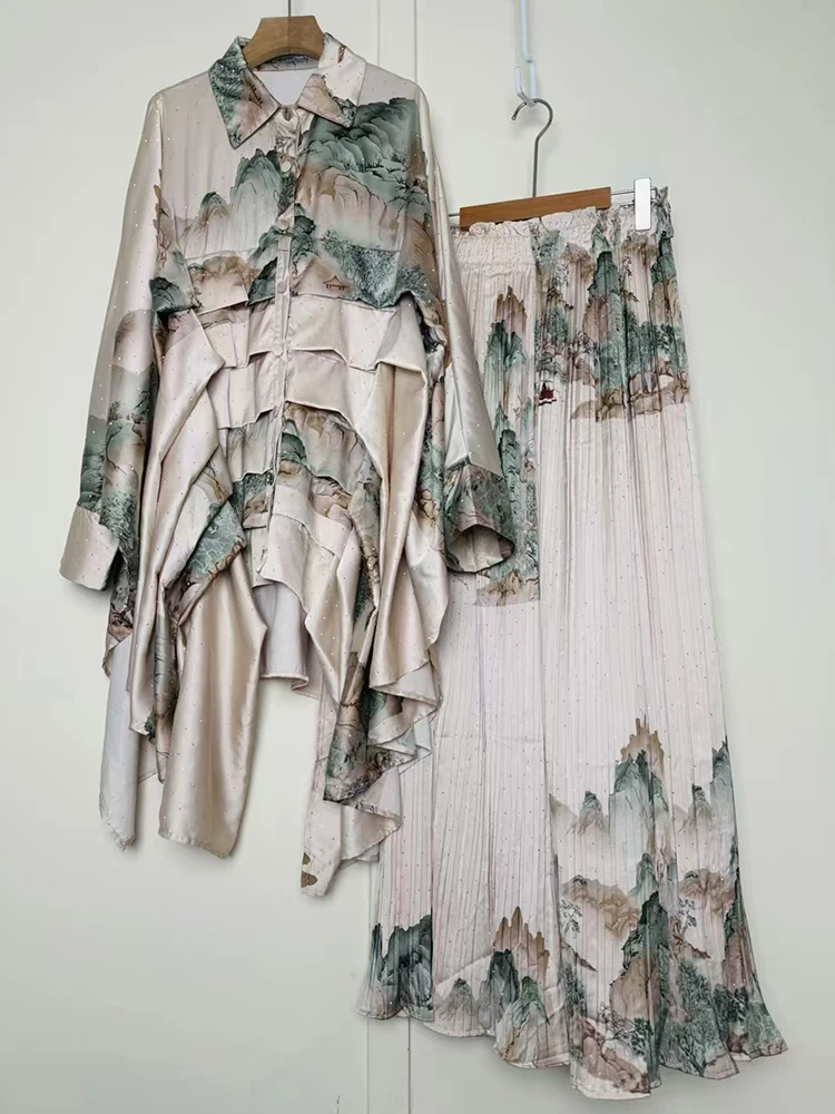 2022 lente dames retro geometrische print multi-level draping los onregelmatig shirt tweedelige set + wijde pijpen broek modeset