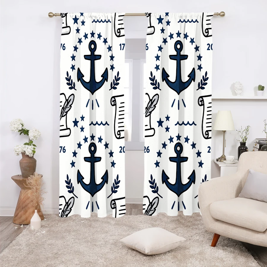 2PCS Curtains, Vintage Navy Anchor, Quill Scroll, Star and Olive Branch Seamless Pattern Print with 1776-2026 Number, Applicable