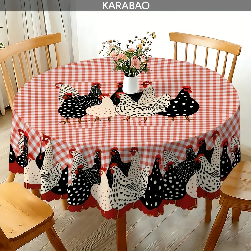 1 PC Red Checkered Round Tablecloth with Chicken Group Pattern - Country Style Tablecloth with Wave Edging Designxzj