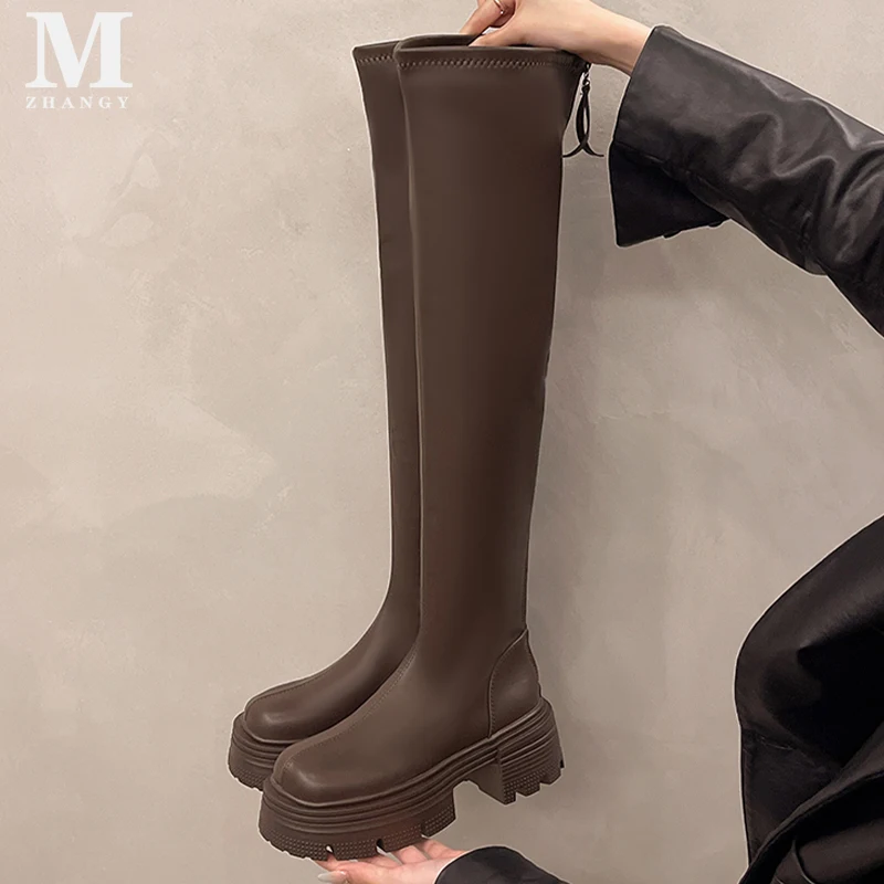 Klobige hohe Stiefel für Damen, mittelhohe Absätze, Overknee-Schuhe, Damen, neuer 2025, Trend, Wintermode, Reißverschluss, Designer, elegante, moderne Botas