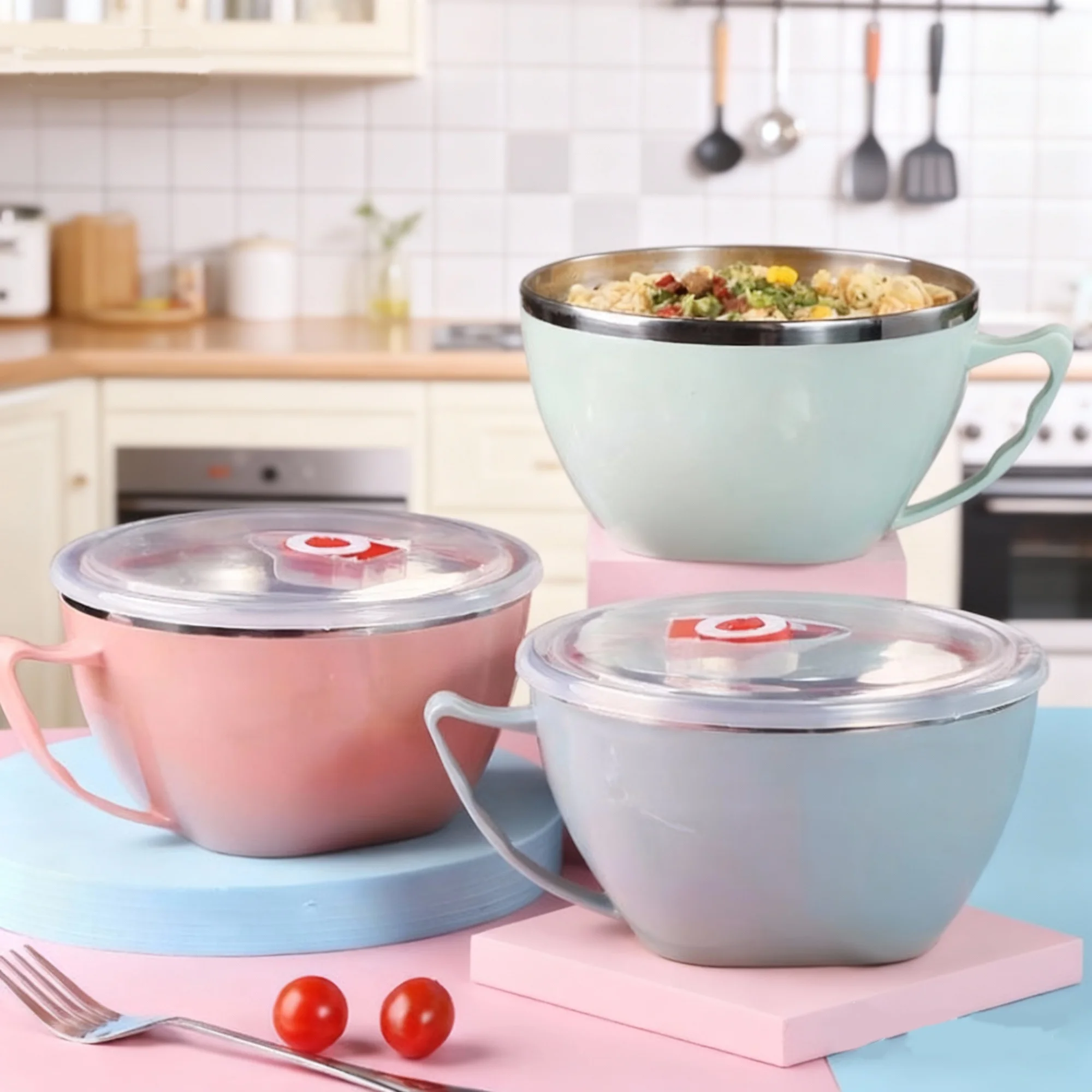 Cuenco de acero inoxidable con mango, utensilios de cocina antiescaldado, cuenco para mezclar para cocinar sopa, fideos instantáneos, cuenco duradero de Color sólido