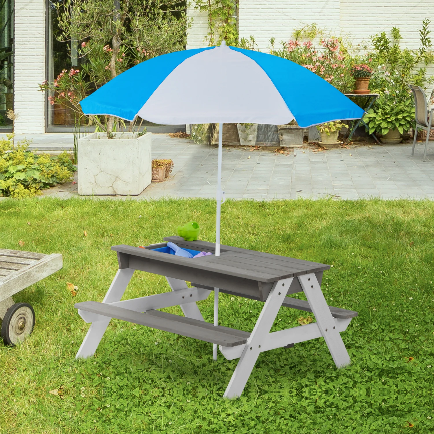 

Wooden Kids Picnic Table, Sand and Water Table with Umbrella, Activity Table for Outdoor Backyard Patio Play