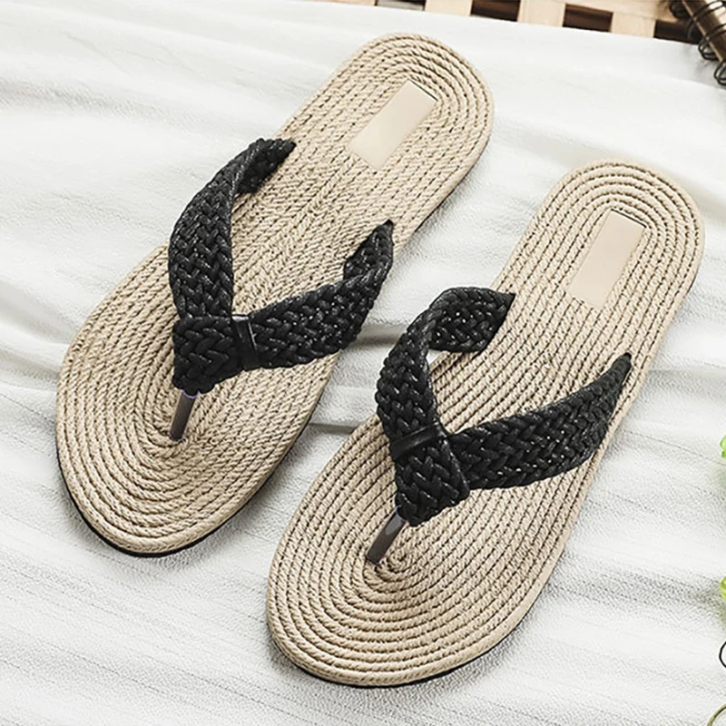 Fashion Women Slippers Beach Flip Flops Outside Casual Shoes Woman Non-slip Home Linen Slippers Female Flat Shoes Summer Sandals