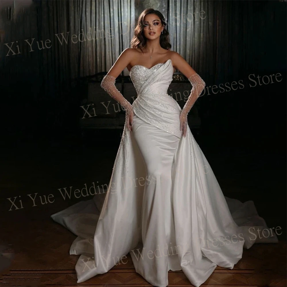 Exquisite Sparkling Strapless Mermaid Wedding Dresses Satin Backless Sleeveless Bride Gowns Floor Length With Detachable Train