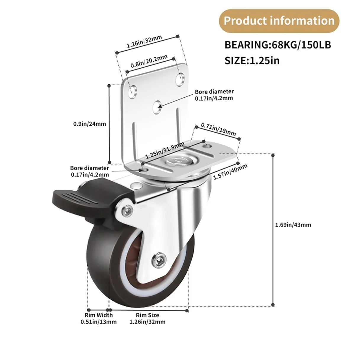 ABNJ Side Mount Casters,Casters Set of 4 with Brake,L-Shape Plate Small Wheels for Furniture,Cabinet Casters,1.25In(L-Shape)